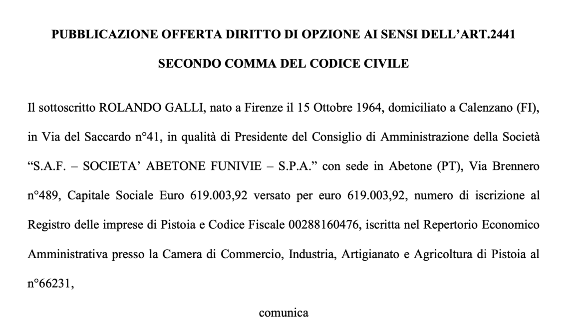 PUBBLICAZIONE OFFERTA DIRITTO DI OPZIONE AI SENSI DELL’ART.2441 SECONDO COMMA DEL CODICE CIVILE