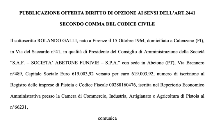 PUBBLICAZIONE OFFERTA DIRITTO DI OPZIONE AI SENSI DELL’ART.2441 SECONDO COMMA DEL CODICE CIVILE